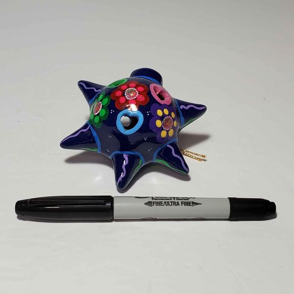 Mexican Folk Art Pottery Ornament Blue Floral - Picture 4 of 4